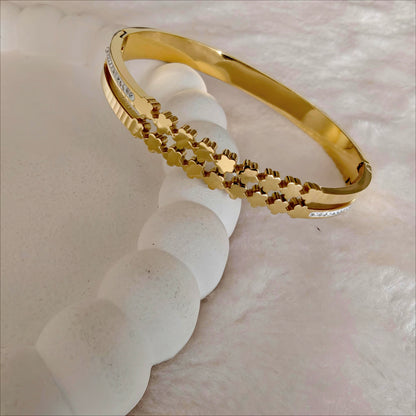 Gold Stainless Steel Double Floral Bangle with Opposing Crystal Edge Accents