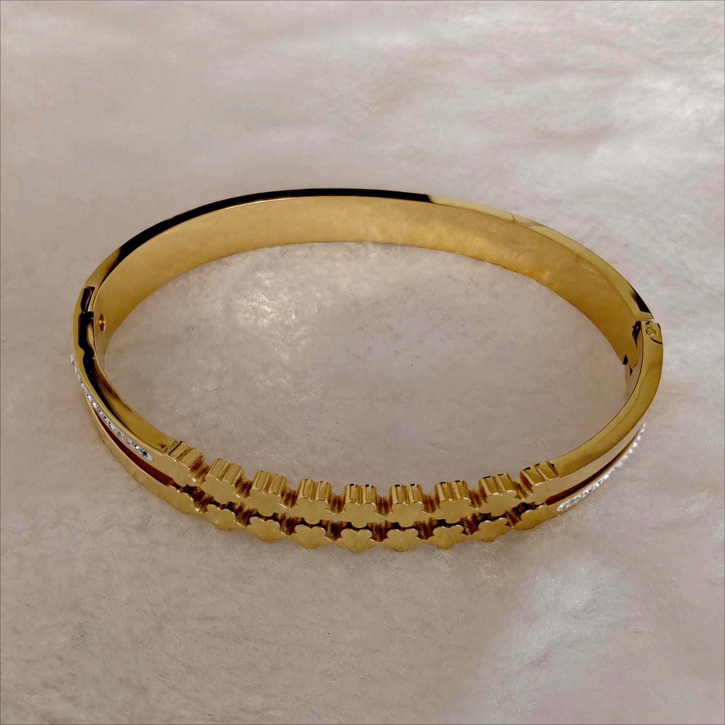 Gold Stainless Steel Double Floral Bangle with Opposing Crystal Edge Accents