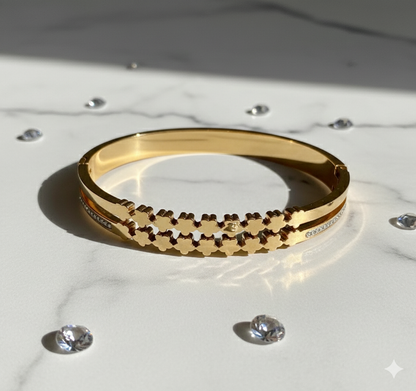 Gold Stainless Steel Double Floral Bangle with Opposing Crystal Edge Accents