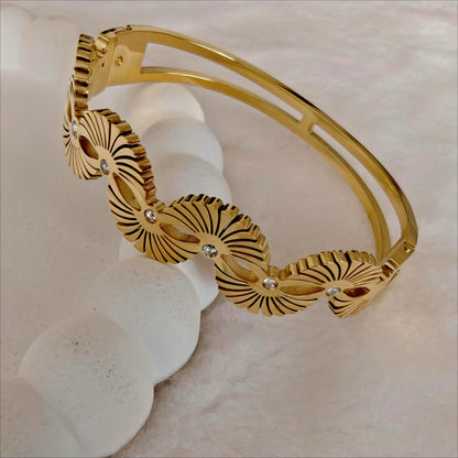 Gold Stainless Steel Cuff Bangle with Fan Motif and Crystals