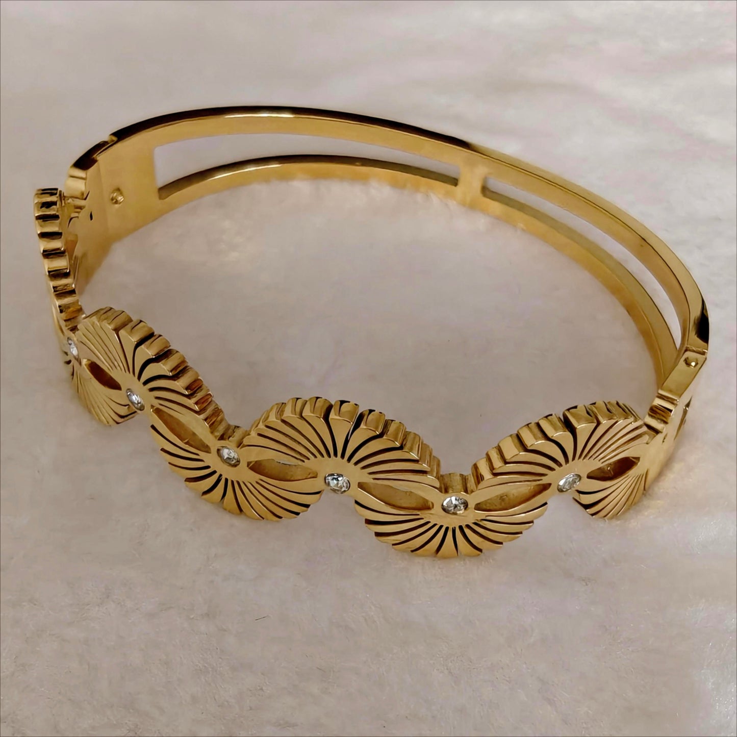 Gold Stainless Steel Cuff Bangle with Fan Motif and Crystals