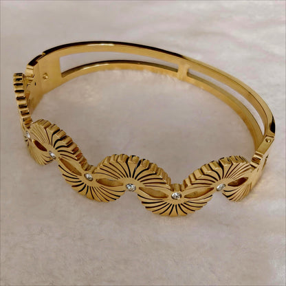 Gold Stainless Steel Cuff Bangle with Fan Motif and Crystals