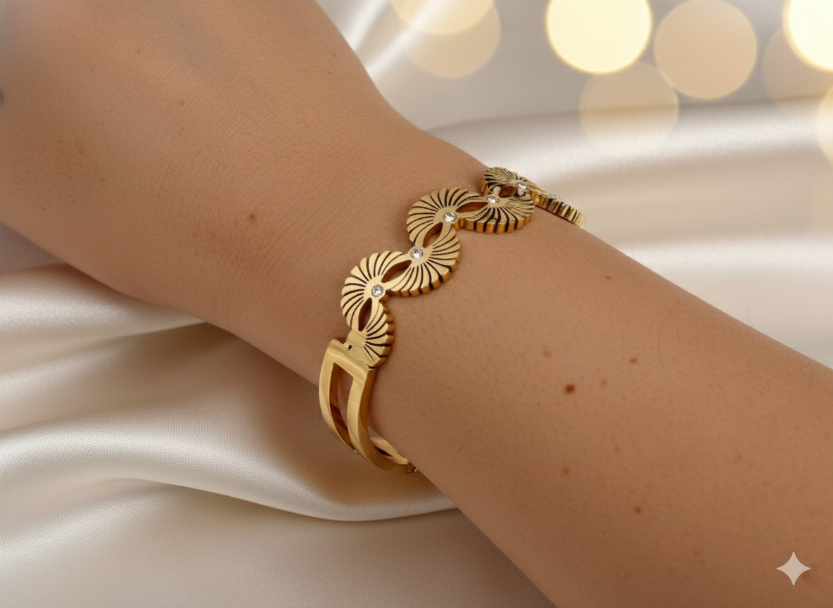 Gold Stainless Steel Cuff Bangle with Fan Motif and Crystals