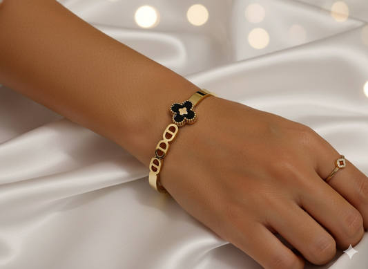 Gold Stainless Steel Hinged Bangle with Black Clover & Oval Links