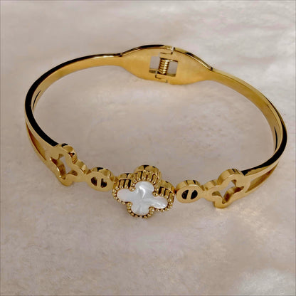 Gold Stainless Steel Hinged Bangle with Mother-of-Pearl Clover