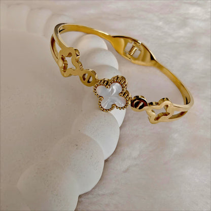 Gold Stainless Steel Hinged Bangle with Mother-of-Pearl Clover
