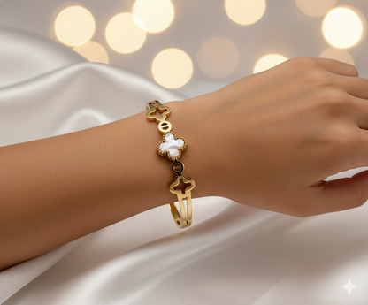 Gold Stainless Steel Hinged Bangle with Mother-of-Pearl Clover