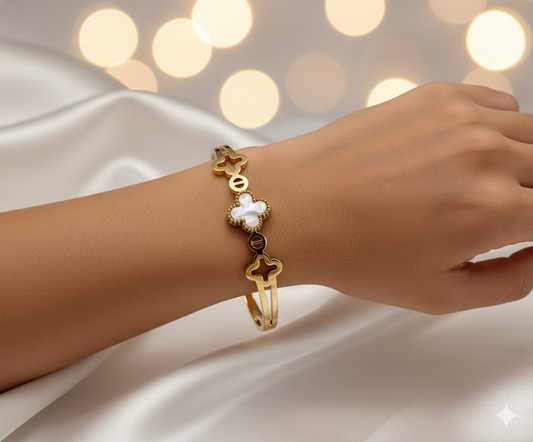Gold Stainless Steel Hinged Bangle with Mother-of-Pearl Clover
