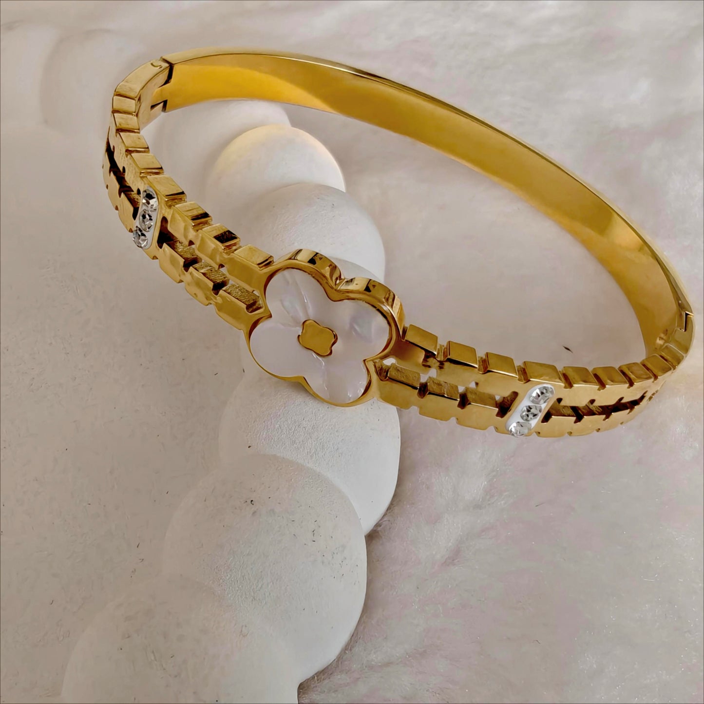 Gold Stainless Steel Mother-of-Pearl Bangle with Crystal Links