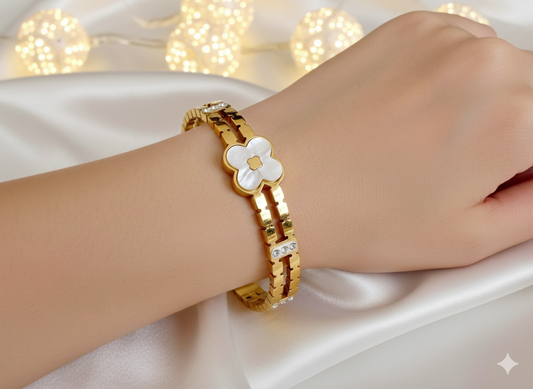 Gold Stainless Steel Mother-of-Pearl Bangle with Crystal Links