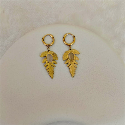 Golden Leaf Dangle Hoop Earrings with Opalite Stone