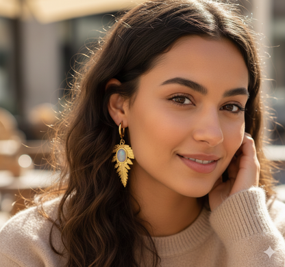 Golden Leaf Dangle Hoop Earrings with Opalite Stone