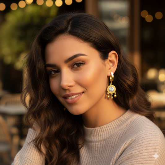 Dazzling Golden CZ Charm Dangle Hoop Earrings