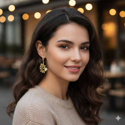 Golden Leaf Dangle Hoop Earrings with CZ Heart Charm