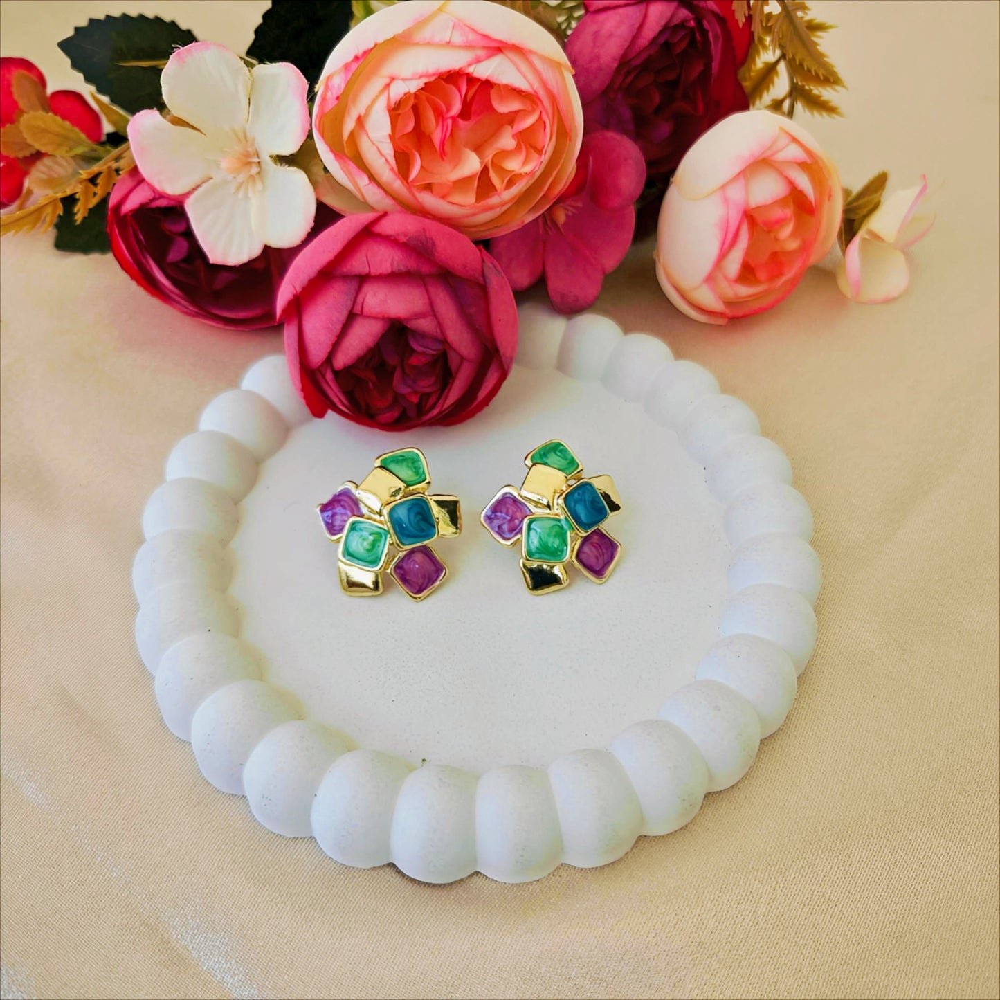 Geometric Abstract Enamel Statement Stud Earrings - Gold Tone (6 Shades)