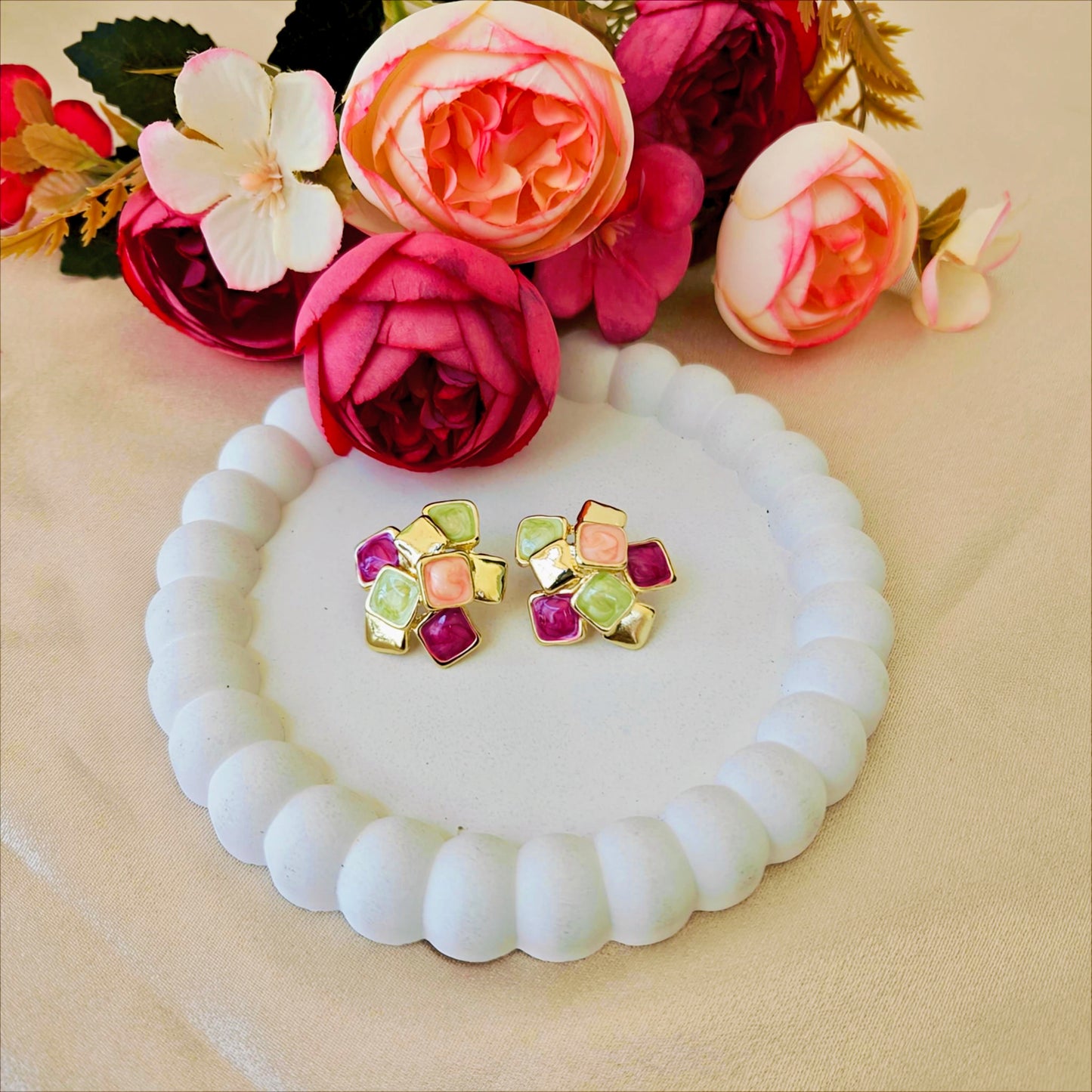 Geometric Abstract Enamel Statement Stud Earrings - Gold Tone (6 Shades)