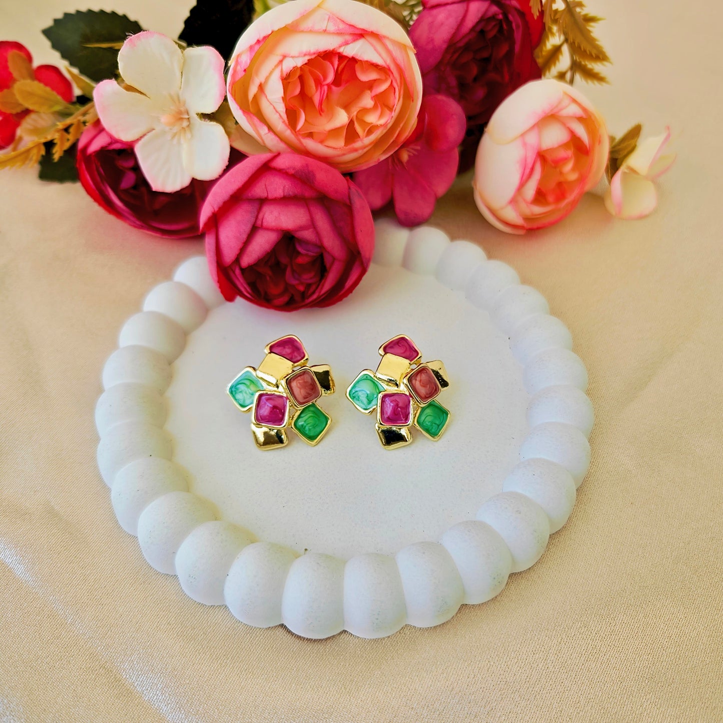 Geometric Abstract Enamel Statement Stud Earrings - Gold Tone (6 Shades)