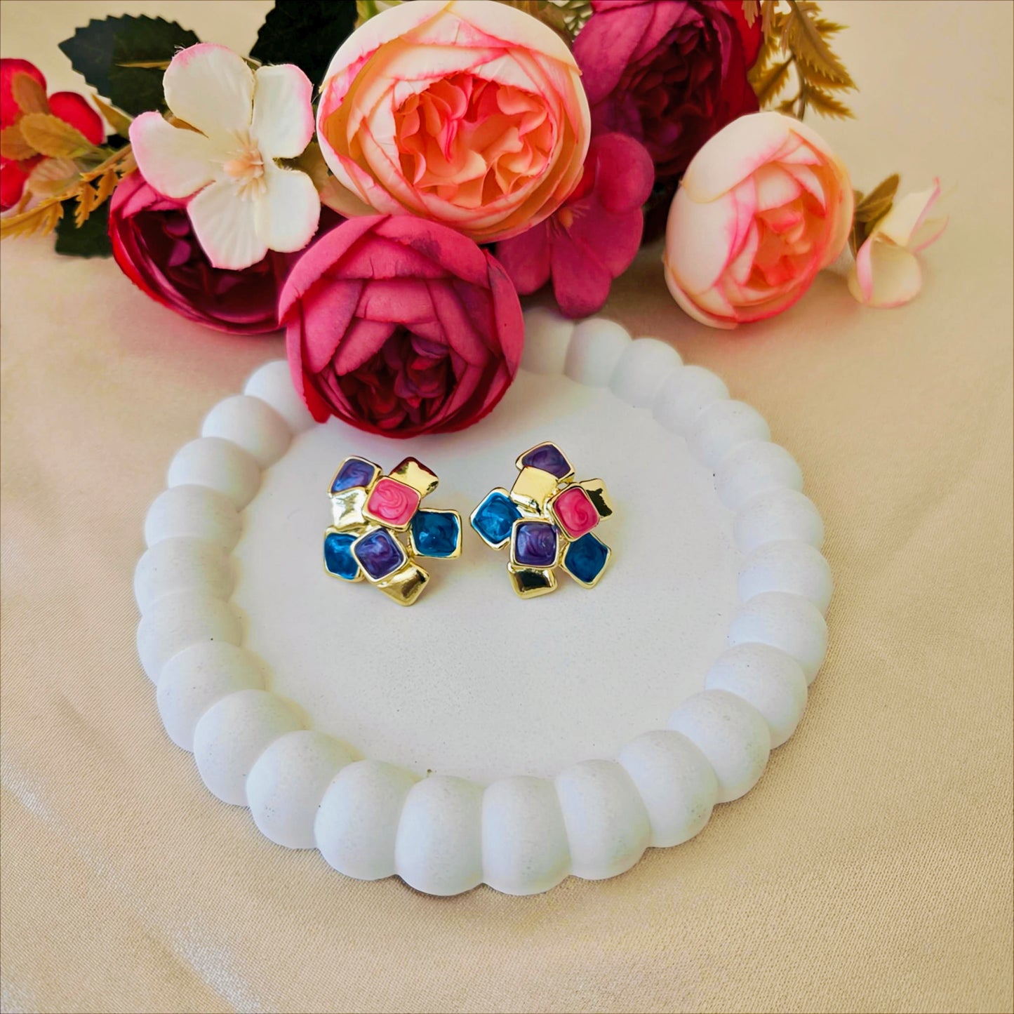 Geometric Abstract Enamel Statement Stud Earrings - Gold Tone (6 Shades)