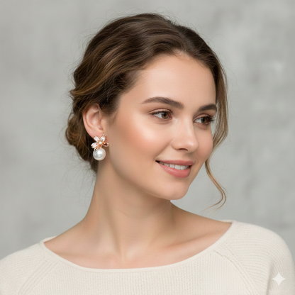 Rose Gold Floral Pearl Drop Earrings