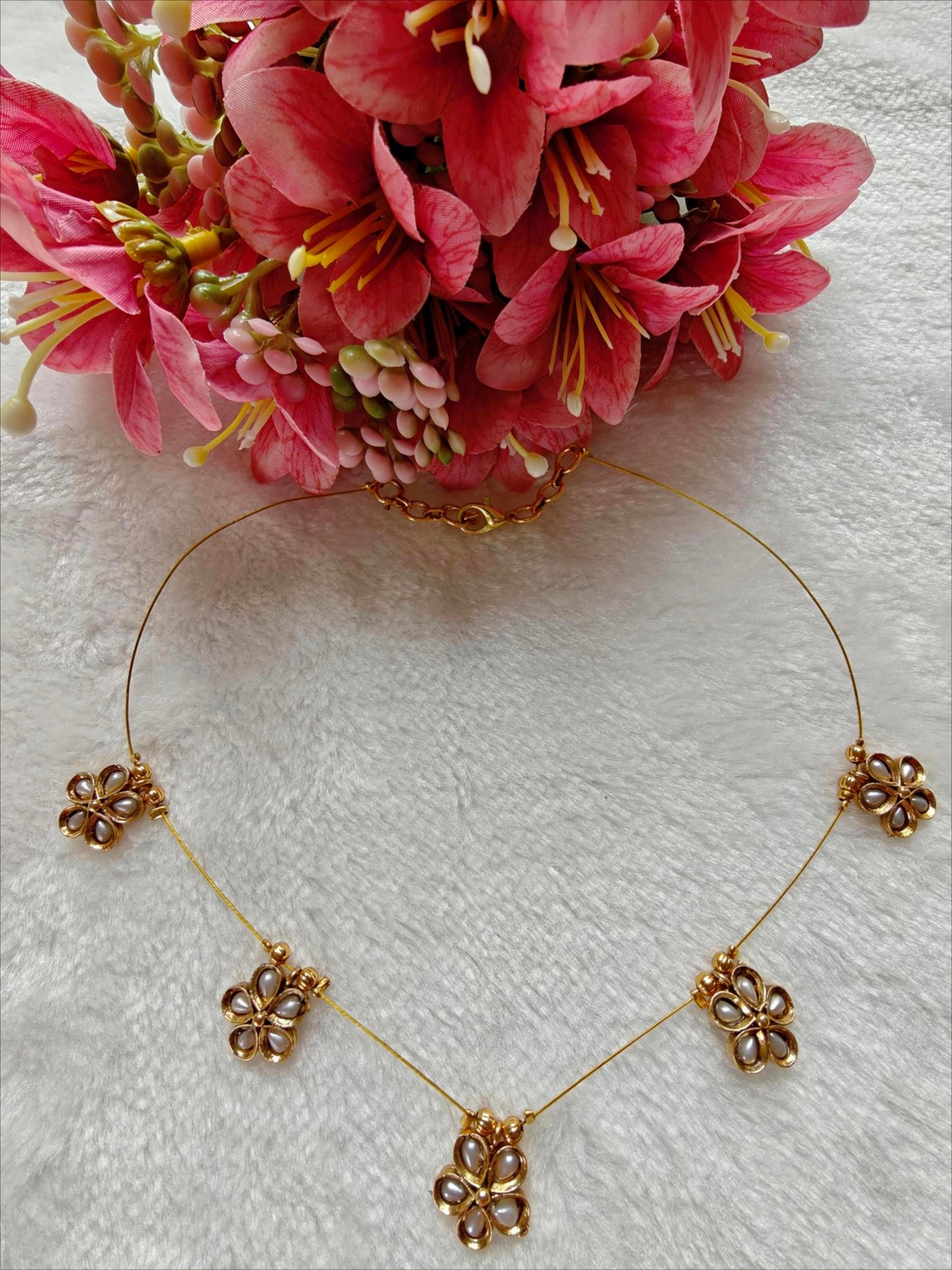 Gold-Toned Flower & Pearl Invisible Necklace