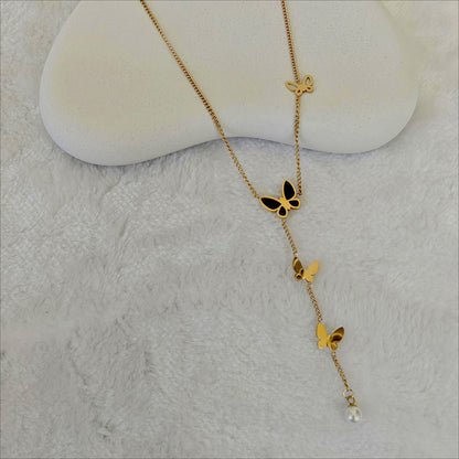 Elegant Gold Butterfly Cascade Necklace with Pearl