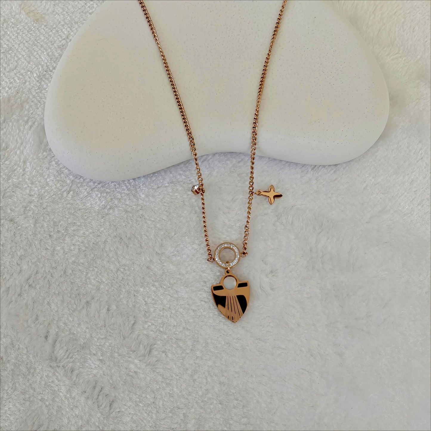 Rose Gold Etched Shield Pendant Necklace