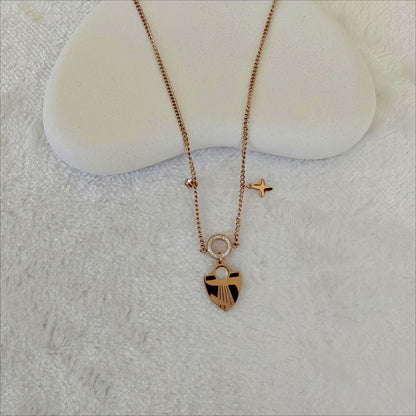 Rose Gold Etched Shield Pendant Necklace