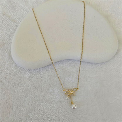 Gold Korean Stainless Steel Bow & Pearl Drop Necklace