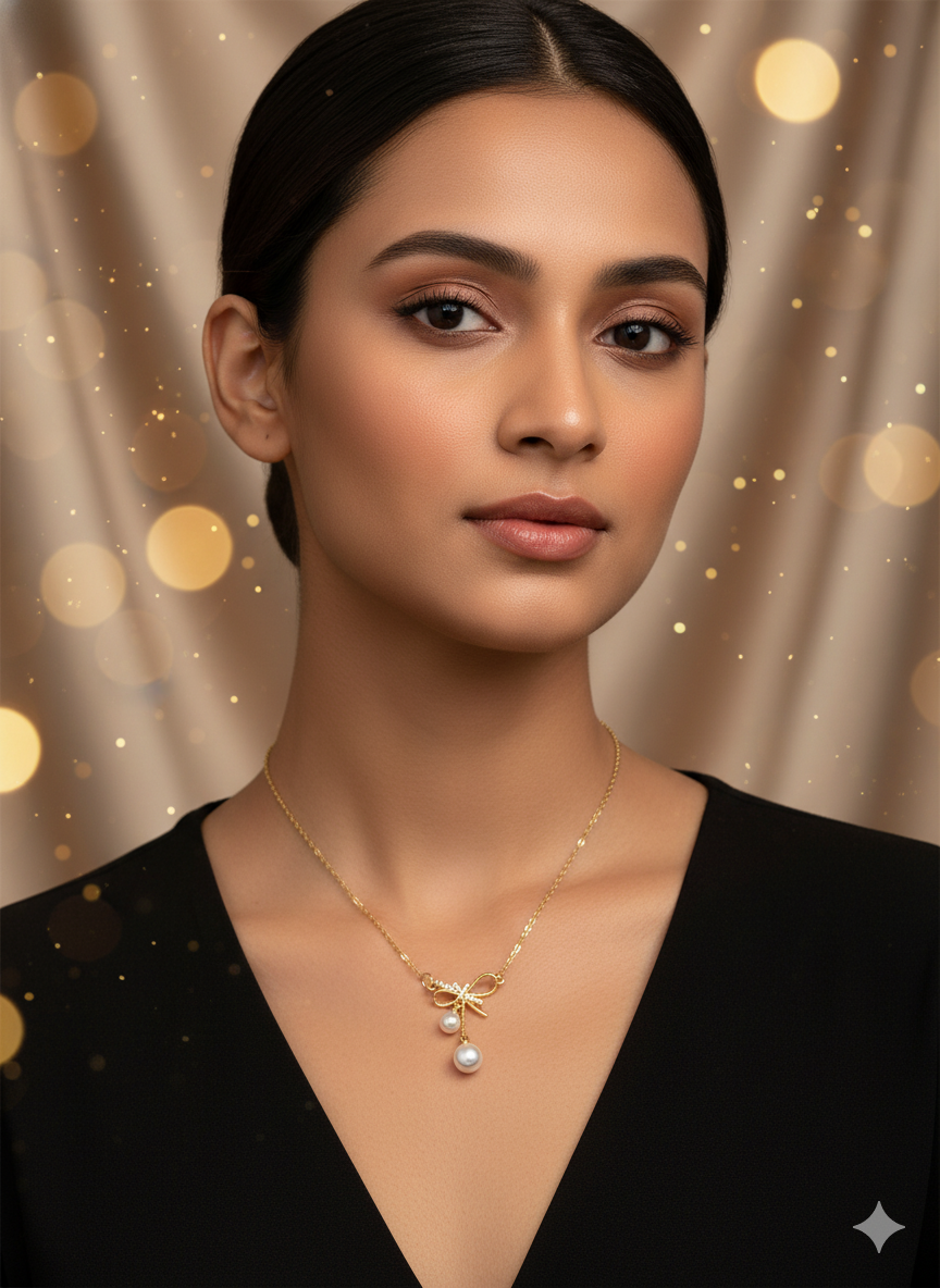 Gold Korean Stainless Steel Bow & Pearl Drop Necklace