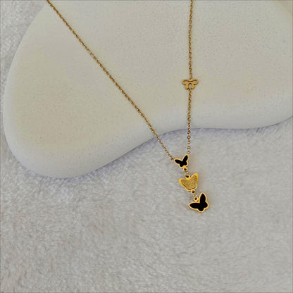 Gold Stainless Steel Butterfly Lariat Necklace with Enamel & Texture