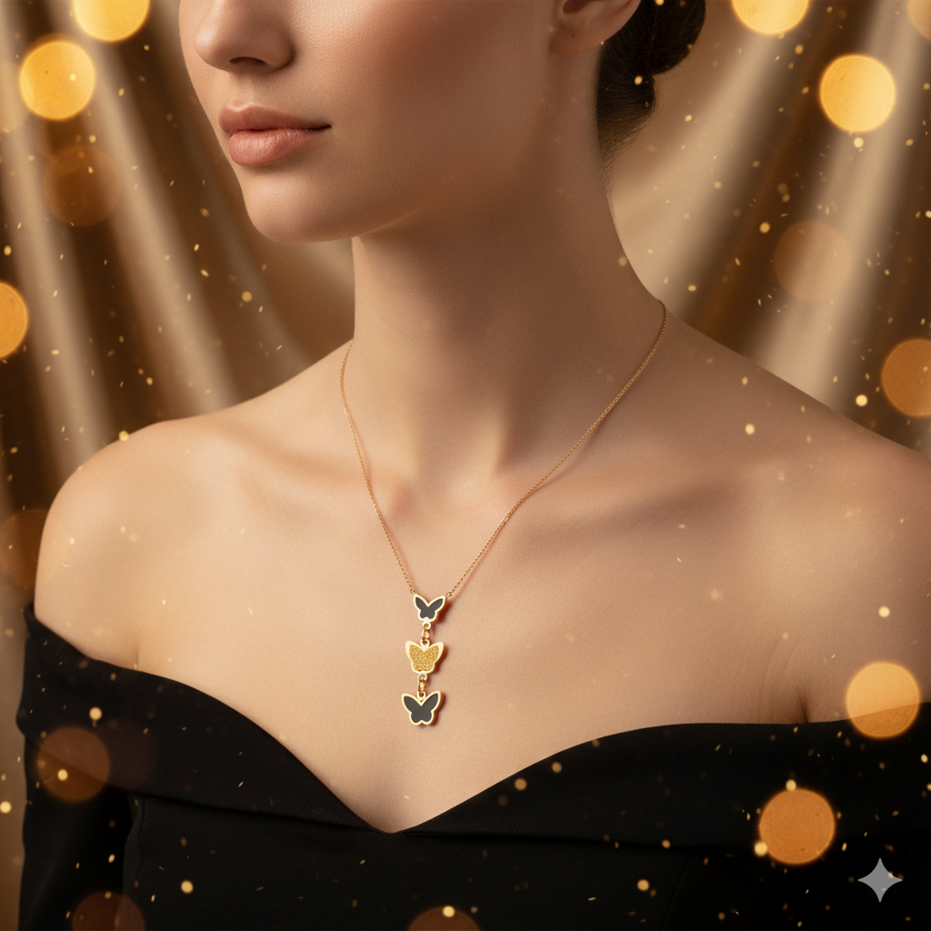 Gold Stainless Steel Butterfly Lariat Necklace with Enamel & Texture