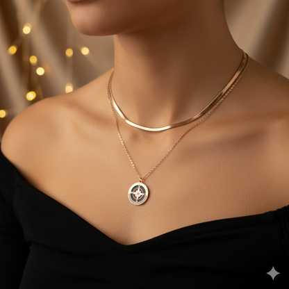 Rose Gold Stainless Steel Layered Snake Chain & Compass Necklace