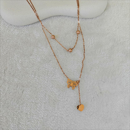 Rose Gold Layered Butterfly & Heart Necklace