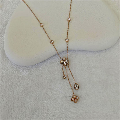 Rose Gold Stainless Steel Crystal Flower Lariat Necklace