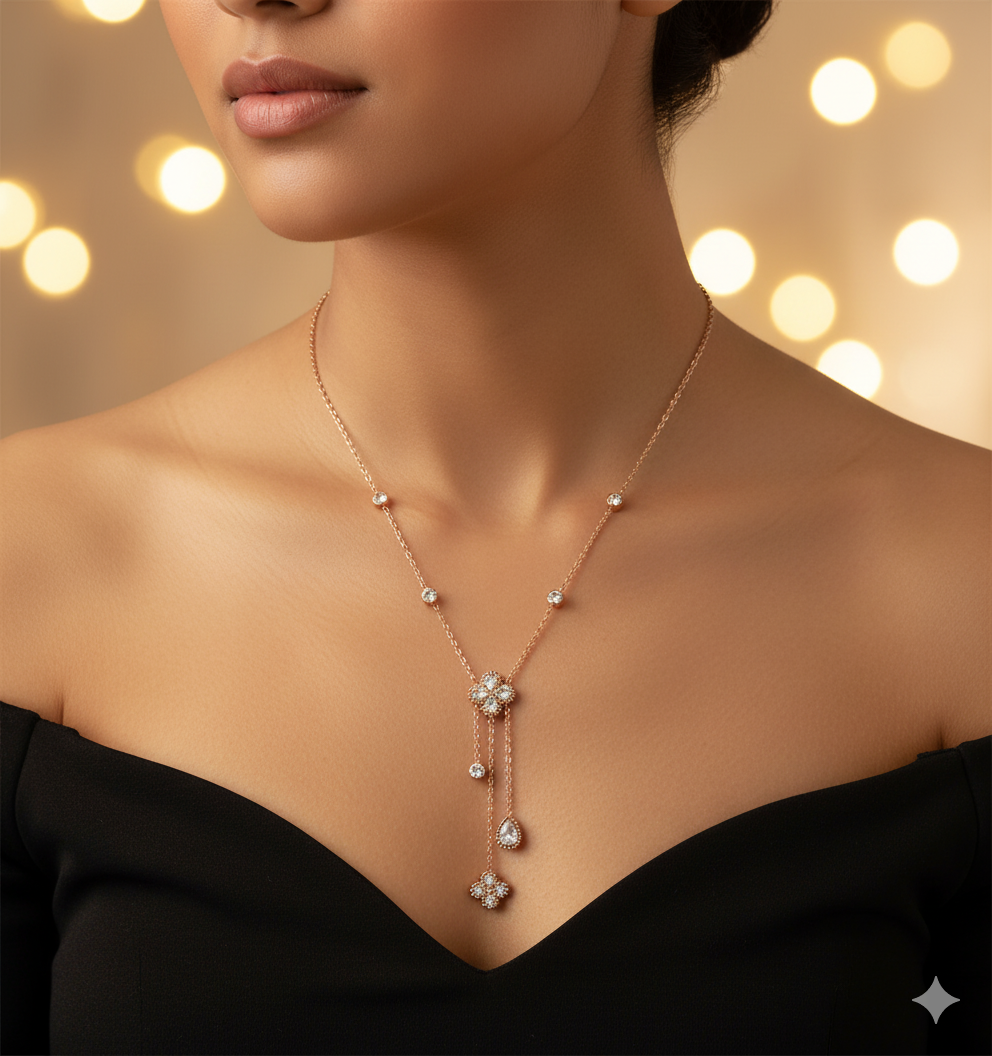 Rose Gold Stainless Steel Crystal Flower Lariat Necklace