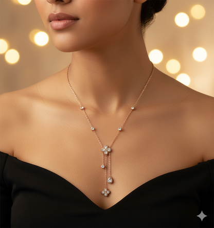 Rose Gold Stainless Steel Crystal Flower Lariat Necklace