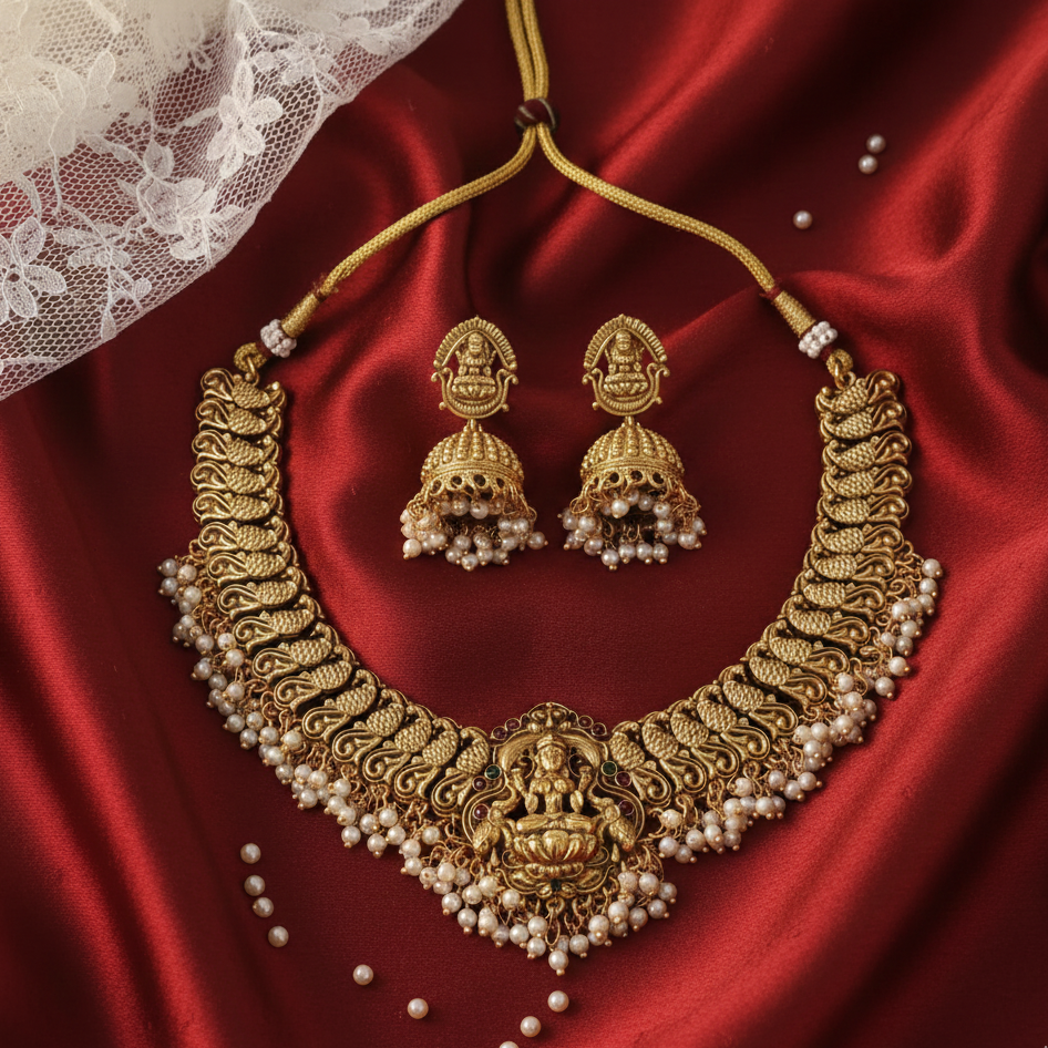 Divine Lakshmi Temple Choker Necklace Set with Pearl Drop Jhumkas