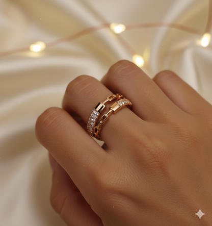 Rose Gold Korean Jewellery Double-Band Crystal Adjustable Ring