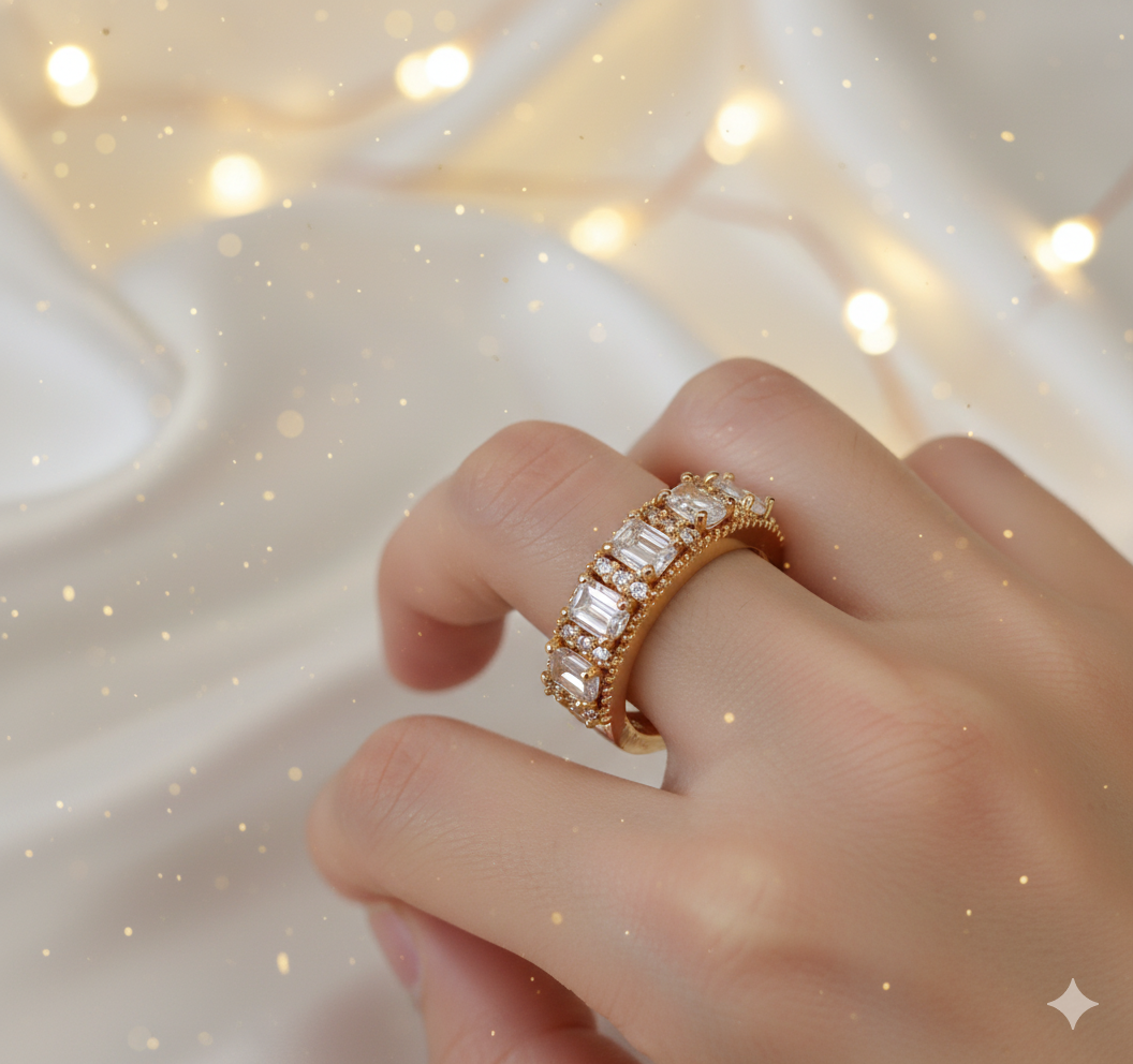 Gold Baguette & Crystal Adjustable Ring: