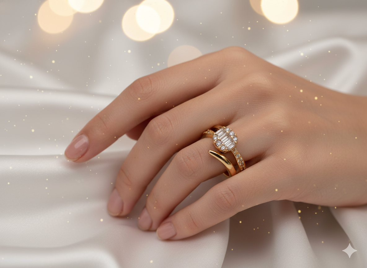 Gold Baguette Crystal Open Ring