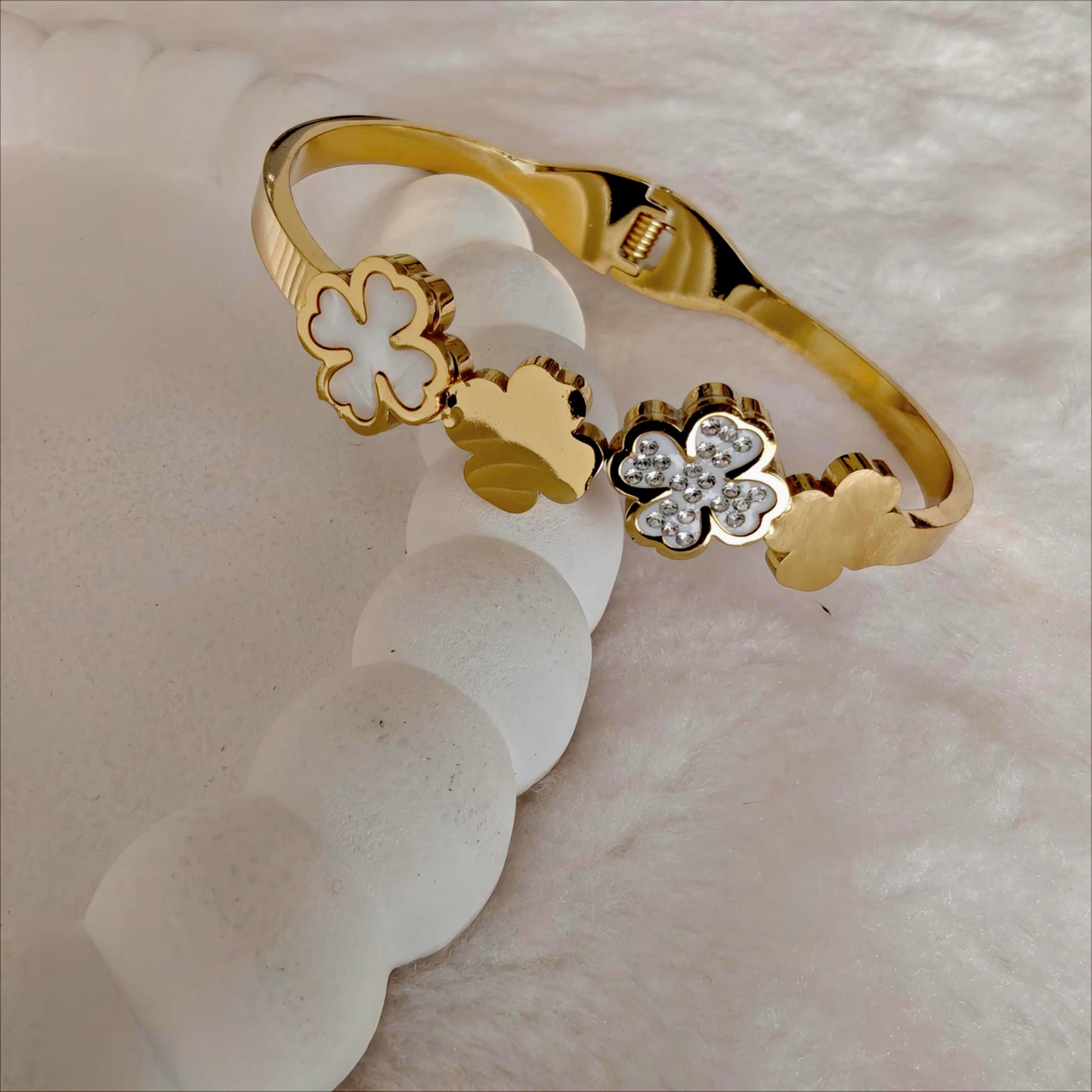 Gold Clover Anti Tarnish Hinged Bangle with Mother-of-Pearl & Crystals